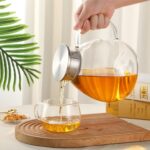 68OZ/2000ML One Touch Glass Teapot with Stainless Steel Filter Lid, Stovetop & Microwave Safe Tea Maker Water Kettle, Strainer & Cover 2 in 1 Loose Leaf Tea Steeper Pot Coffee Carafe - Image 5
