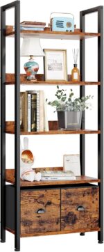 Furologee 5-Tier Bookshelf, Tall Bookcase with 2 Storage Drawers, Adjustable Industrial Display Standing Shelf Units, Wood and Metal Storage Rack for Living Room, Bedroom, Home Office Rustic Brown - Image 2