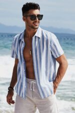 JMIERR Men's Casual Stylish Short Sleeve Button-Up Striped Dress Shirts Cotton Beach Shirt - Image 5