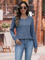 MixShe Womens Henley Sweaters 2025 Fall Winter Ribbed Knit V Neck Button Pullover Long Sleeve Tops - Image 6