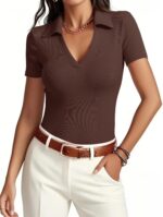 Womens Short Sleeve Business Casual Tops Summer V Neck Polo Work Shirts 2025 Fitted Basic Collared Shirt - Image 2