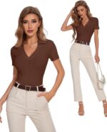 Womens Short Sleeve Business Casual Tops Summer V Neck Polo Work Shirts 2025 Fitted Basic Collared Shirt - Image 5