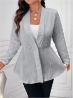 Milumia Women's Plus Size Textured Button Down Blazer V Neck Ruffle Hem Jacket - Image 6
