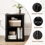 ONBRILL Square End Table with Storage & Charging Station, Fluted Accent Side Table with Sliding Door & Sturdy Pedestal, Mid-Century Modern Nightstand for Small Space, Living Room, Bedroom, Black - Image 5
