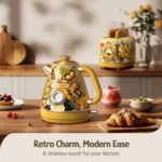 Hazel Quinn X Eduardo Recife Electric Kettle - 1200W Fast Water Boiling, 1.7L/57oz, All 304 Stainless Steel Interior, BPA-Free, Auto Shut-Off, Cordless Retro Teapot with Thermometer - Floral Patterned - Image 3