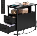 Livofloral Black Side Tables, End Table with Charging Station, Narrow End Table with 2 Wooden Drawers, USB Ports and Power Outlets, Slim Nightstand and Bedside Table, End Tables Living Room, Bedroom - Image 2