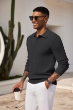 COOFANDY Mens Knit Polo Shirts Long Sleeve Casual Polo Sweaters Shirt Waffle Textured Collared Sweater - Image 3