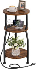Round Side Table with Power Outlet & USB Ports, 3-Tier End Table with Storage Shelf, Modern Rustic Nightstand, Small Spaces Accent Table for Living Room Bedroom, Easy Assembly, Rustic Brown - Image 2