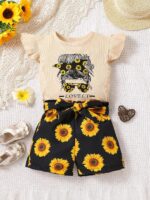 Kid Toddler Girl Clothes Summer Ruffle Sleeve Figure Graphic Tee Shirt + Shorts Summer Outfits Set - Image 3