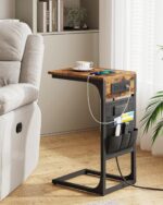 TUTOTAK C Shaped End Table with Charging Station, Side Table for Sofa, Couch Table with Storage Bag, TV Tray with 2 USB Ports and Outlets for Living Room, Bedroom, Brown TB01BB024 - Image 8