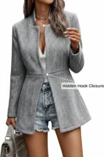 Mina Self 2025 Fall Winter Women's Herringbone Blazer Jackets - Notch Lapel Open Front Long Business Casual Trendy Coat - Image 3