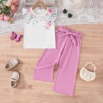 Toddler Kid Girl Clothes Casual Ruffle Sleeve Floral Printed Top Solid Pants with Belt 3PC Outfit Set - Image 3