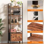 Furologee 5-Tier Bookshelf, Tall Bookcase with 2 Storage Drawers, Adjustable Industrial Display Standing Shelf Units, Wood and Metal Storage Rack for Living Room, Bedroom, Home Office Rustic Brown - Image 7