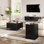ONBRILL Square End Table with Storage & Charging Station, Fluted Accent Side Table with Sliding Door & Sturdy Pedestal, Mid-Century Modern Nightstand for Small Space, Living Room, Bedroom, Black - Image 9