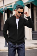 COOFANDY Mens Zip Up Cardigan Sweater Slim Fit Casual Full Zip Sweaters Knit Stand Collar Cardigans with 2 Front Pockets - Image 4