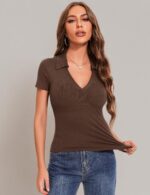 Womens Short Sleeve Business Casual Tops Summer V Neck Polo Work Shirts 2025 Fitted Basic Collared Shirt - Image 8