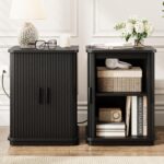 ONBRILL Square End Table with Storage & Charging Station, Fluted Accent Side Table with Sliding Door & Sturdy Pedestal, Mid-Century Modern Nightstand for Small Space, Living Room, Bedroom, Black - Image 6