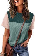 WIHOLL Womens Fashion 2025 Color Block Shirts Short Sleeve Crewneck Knitted Spring Summer Tops Casual Trendy - Image 4