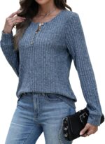 MixShe Womens Henley Sweaters 2025 Fall Winter Ribbed Knit V Neck Button Pullover Long Sleeve Tops - Image 4