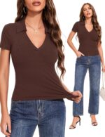 Womens Short Sleeve Business Casual Tops Summer V Neck Polo Work Shirts 2025 Fitted Basic Collared Shirt - Image 6
