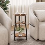 Round Side Table with Power Outlet & USB Ports, 3-Tier End Table with Storage Shelf, Modern Rustic Nightstand, Small Spaces Accent Table for Living Room Bedroom, Easy Assembly, Rustic Brown - Image 6