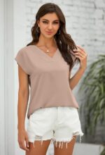 Lynwitkui Women's V Neck Chiffon Blouses Cap Sleeve Shirts Casual Loose Work Office Solid Tops - Image 3