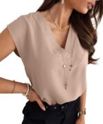 Lynwitkui Women's V Neck Chiffon Blouses Cap Sleeve Shirts Casual Loose Work Office Solid Tops - Image 2