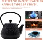 20.3oz Small Cast Iron Teapot, SECHUDO Tea Kettle for Stovetop Safe Coated with Enameled Interior, Japanese Style Tea Pot with Stainless Steel Infuser for Loose Tea (Black Gerbera Pattern) - Image 3